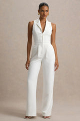 Trixie | White Plunge-Neck Tailored Jumpsuit