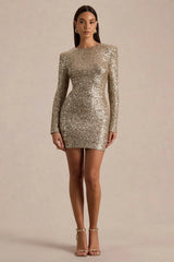 Mercedes | Champagne Sequin Boat-Neck Mini Dress With Long-Sleeves And Draped Detailing