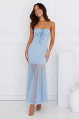 Misty Morning Magic Strapless Mesh Maxi Dress Blue