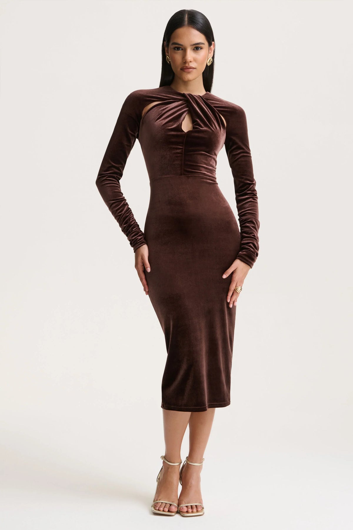Francine | Brown Velvet Round-Neck Midi Dress With Cut-Out Details