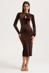 Francine | Brown Velvet Round-Neck Midi Dress With Cut-Out Details