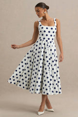 Berta | White And Navy Polka-Dot Square-Neck Midi Dress