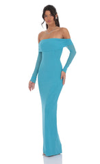 Mesh Off Shoulder Maxi Dress in Aqua Blue