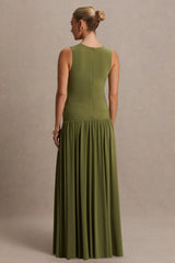 Outline | Olive High-Neck Maternity Maxi Dress With Draped Skirt