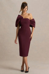 Lucille | Burgundy Asymmetric Bardot Midi Dress