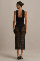 Tamala | Black High-Neck Midi Dress With Lace Skirt