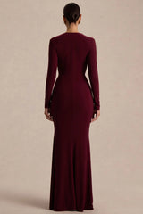 Command | Burgundy Plunge-Neck Maxi Dress With Front-High Split