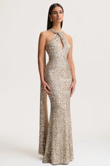 Renelle | Gold Sequin Halter-Neck Maxi Dress