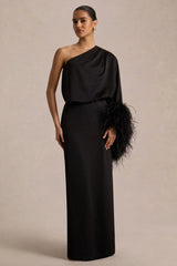 Felicity | Black Satin Asymmetric-Neck Maxi Dress With Feather Detailing