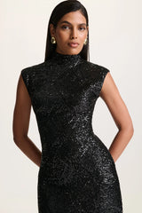 Cecy | Black Sequin High-Neck Maxi Dress With Cap Sleeves