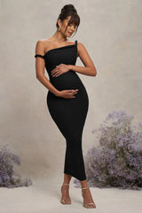 Salome | Black Twisted Asymmetric Maternity Midi Dress