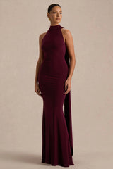 Cordy | Burgundy High-Neck Maxi Dress With Scarf-Detail
