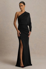 Lola | Black Asymmetric-Neck Maxi Dress With Ruched Detailing And Front High-Split