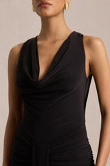 Mallie | Black Cowl-Neck Maxi Dress With Gathered-Detailing