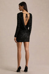 Mercedes | Black Sequin Boat-Neck Mini Dress With Long-Sleeves And Draped Detailing