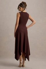 Francesca | Brown Knotted Midi Dress With Handkerchief Hem