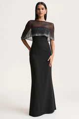 Everly | Black Hand-Embellished Cape-Sleeve Maxi Dress