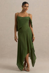 Tiara | Green Asymmetric Midi Dress With Draping Detailing and Open-Back