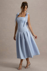 Alberta | Powder Blue Satin Square-Neck Midi Dress With Bow Straps