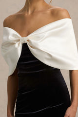 Twilight | Black And White Velvet Bardot-Neck Midi Dress With Oversized Bow