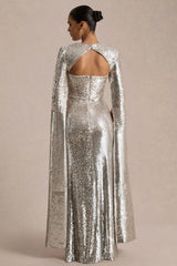 Devora | Silver Sequin Crew-Neck Maxi Dress With Cape Sleeves