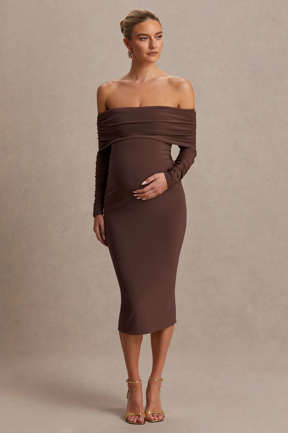 Elspeth | Brown Bardot-Neck Maternity Midi Dress