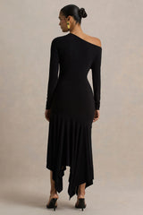 Isola | Black Asymmetric-Neck Midi Dress With Drop-Waist