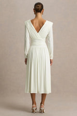 Alexis | Cream Plunge-Neck Midi Dress With Draped And Ruched Detailing