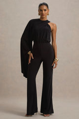 Asra | Black High-Neck Flared-Leg Jumpsuit With Cape Sleeve