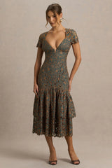 Sabrina | Dark Green And Rust Embroidered Plunge-Neck Midi Dress