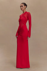 Tania Slinky And Mesh Long Sleeve Maxi Dress - Ruby