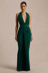 Lesley | Bottle Green Plunge-Neck Maxi Dress