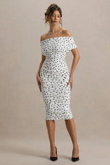 Rayleigh | Polka Dot Bardot Ruched Midi Dress