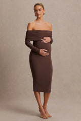 Elspeth | Brown Bardot-Neck Maternity Midi Dress