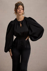 Suzanna | Black Satin Puff-Sleeve Wide-Leg Jumpsuit