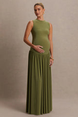 Outline | Olive High-Neck Maternity Maxi Dress With Draped Skirt