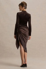 Sasha | Brown Satin And Velvet Midi Dress With Wrap-Detail