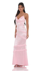 Satin V-Neck Ruffle Mermaid Maxi Dress in Pink