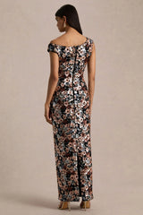 Electric | Black Sequin Floral Velvet Asymmetric-Neck Maxi Dress