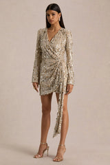 Carmina | Gold Sequin Plunge-Neck Wrap Mini Dress With Sash Detail