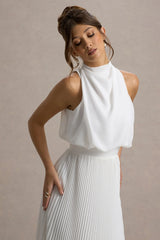 Nila | White Cowl-Neck Midi Dress With Plisse Skirt