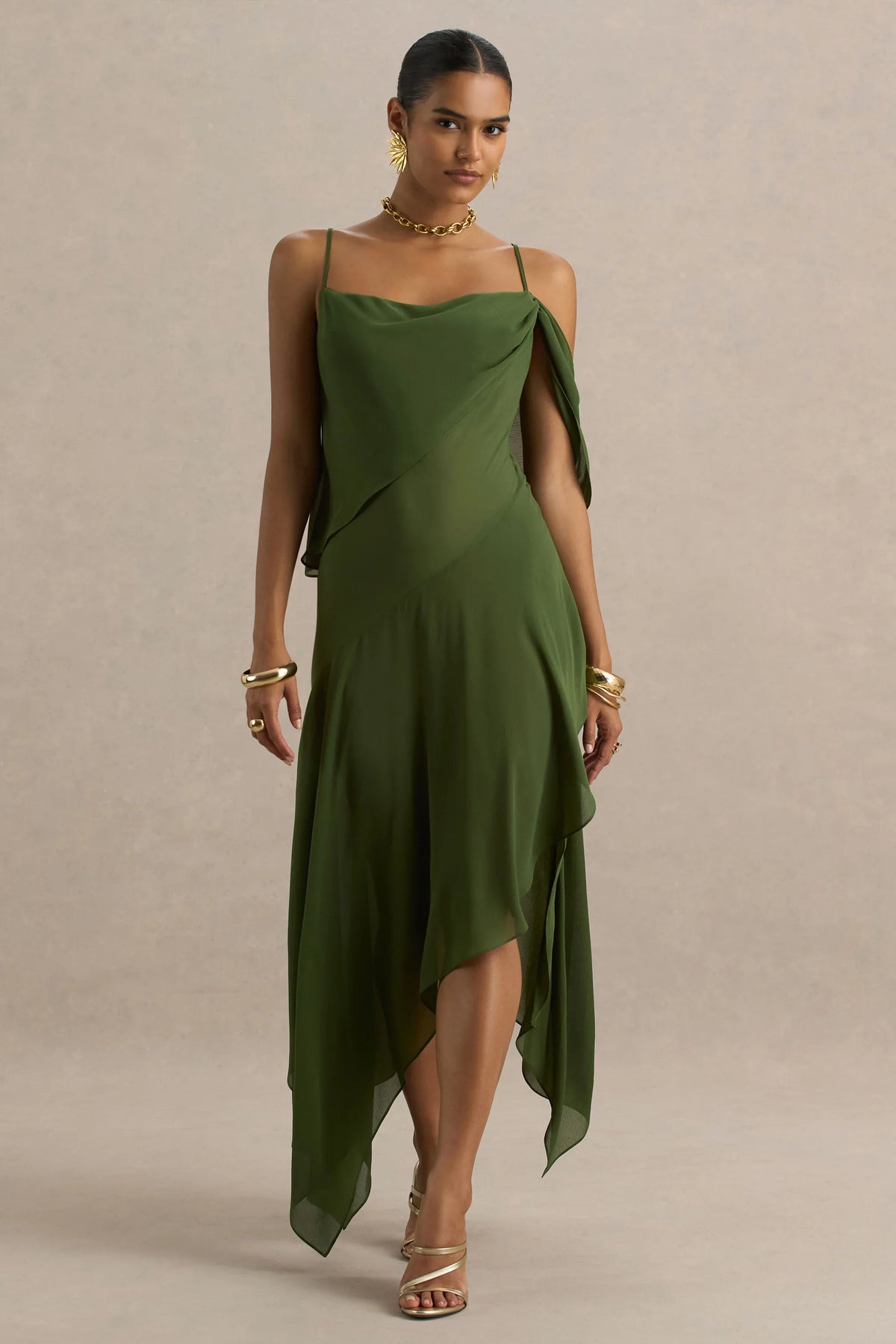 Tiara | Green Asymmetric Midi Dress With Draping Detailing and Open-Back
