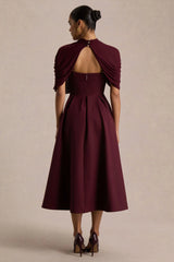 Thalia | Burgundy High-Neck Midi Dress With Sheer Mesh Cape
