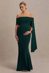 Aquila | Bottle Green Bardot Maternity Maxi Dress With Drape Sleeve