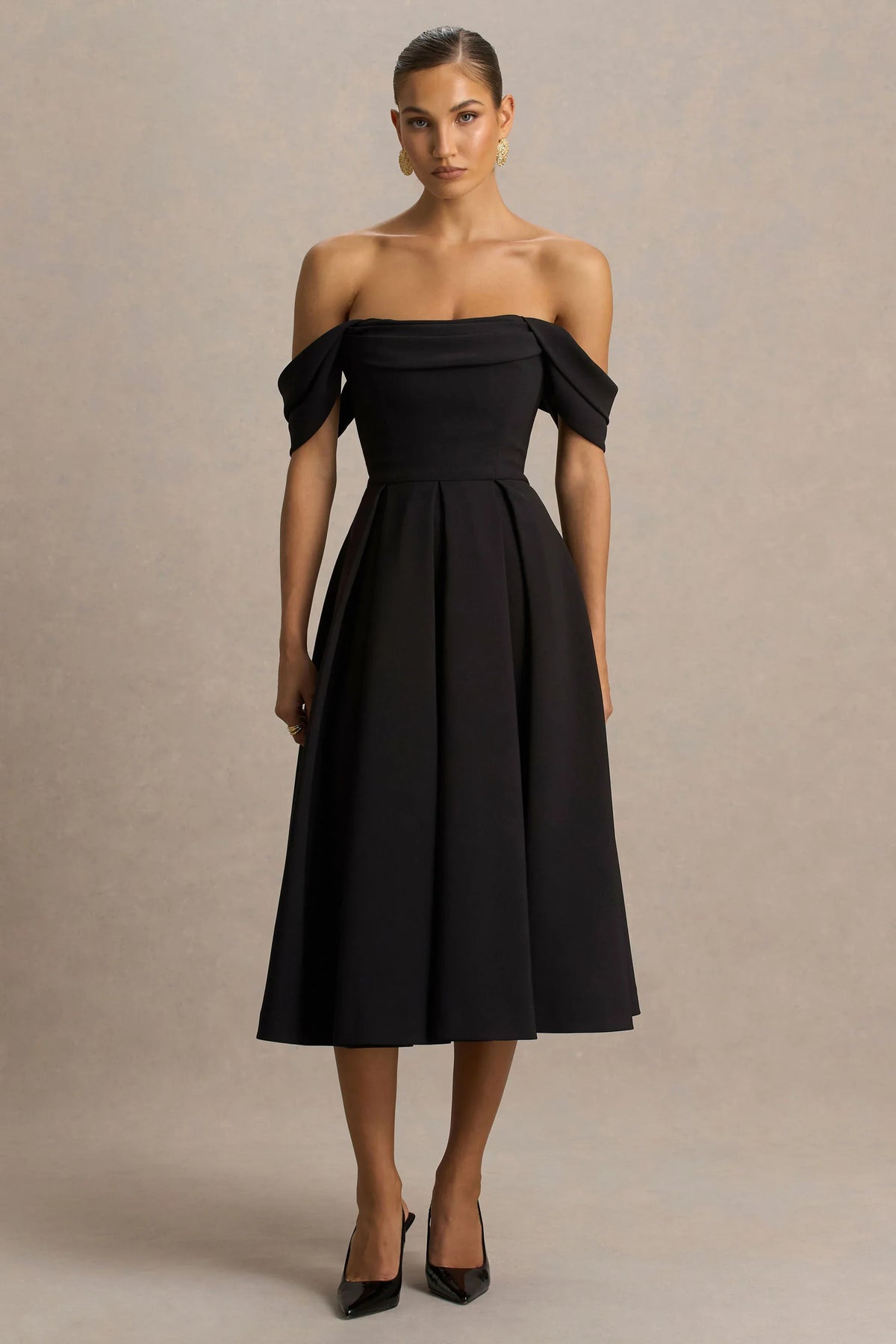 Cosima | Black Bardot-Neck Midi Dress