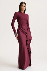Starred | Burgundy Crew-Neck Maxi Dress With Drop-Waist And Satin Wrap-Skirt