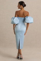Imogen | Powder Blue Satin Short-Sleeve Bardot Midi Dress With Ruffle Detail