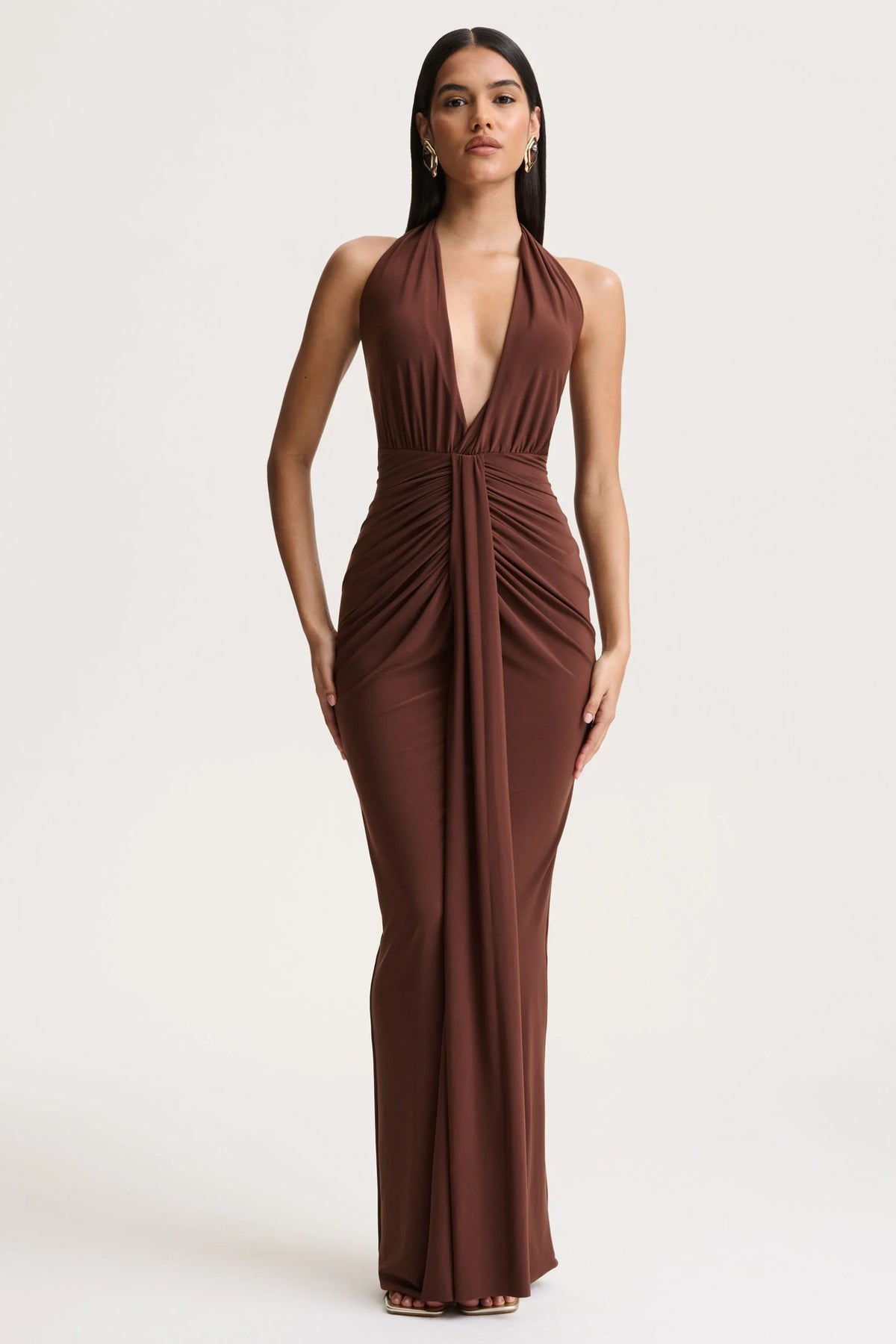 Lesley | Brown Plunge-Neck Maxi Dress