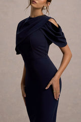 Dorothea | Navy Draped Midi Dress With Cape