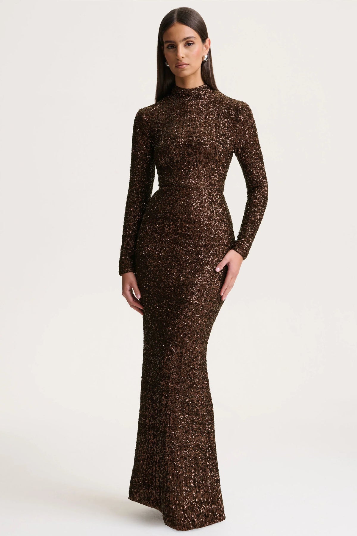 Galaxy | Brown Sequin Turtle-Neck Long-Sleeve Maxi Dress